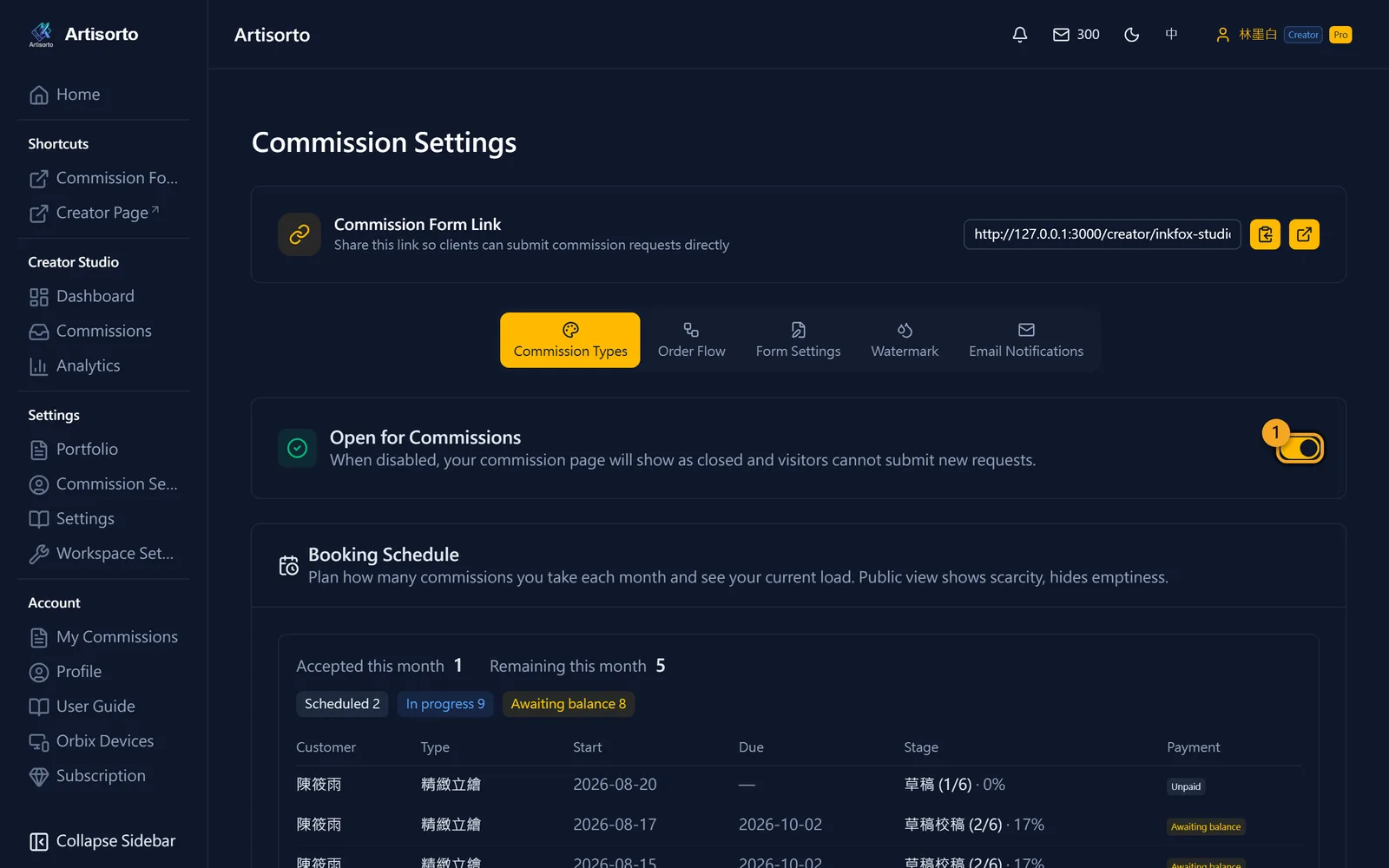 Turn on your commission status