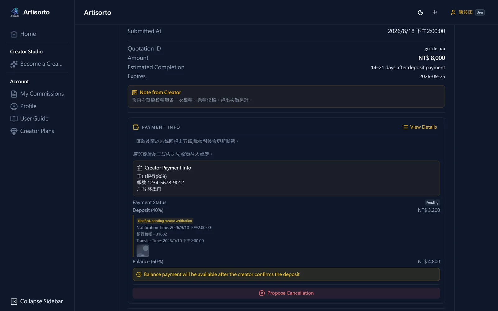 The creator's payment details